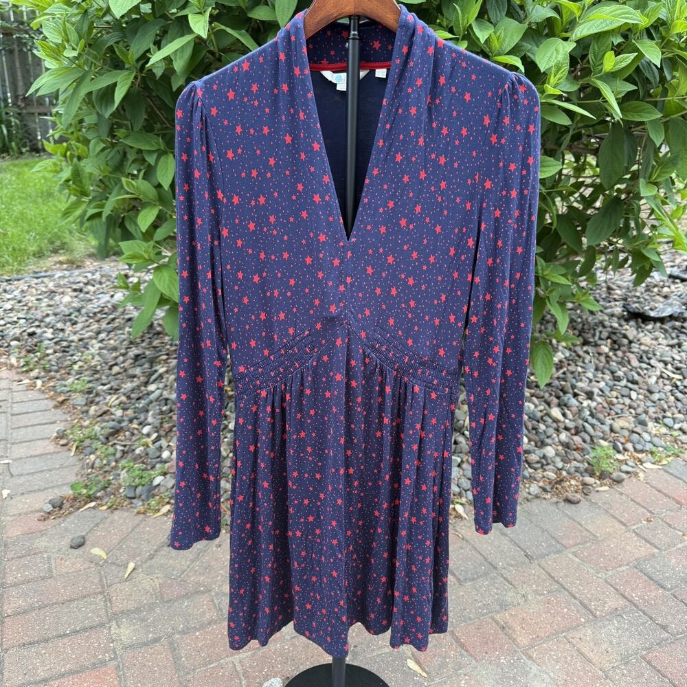 Boden Betty Jersey Star Print Tunic Dress Long Sleeve Stretch Soft Blue Red US 4